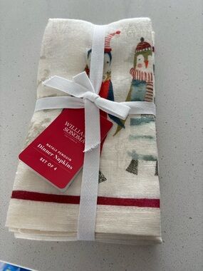 Williams Sonoma Cream Holiday Penguin Dinner Napkins with Red Trim - Set of 4